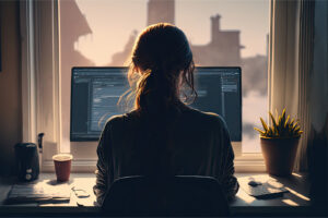  Žena pracující na počítači při práci na dálku 